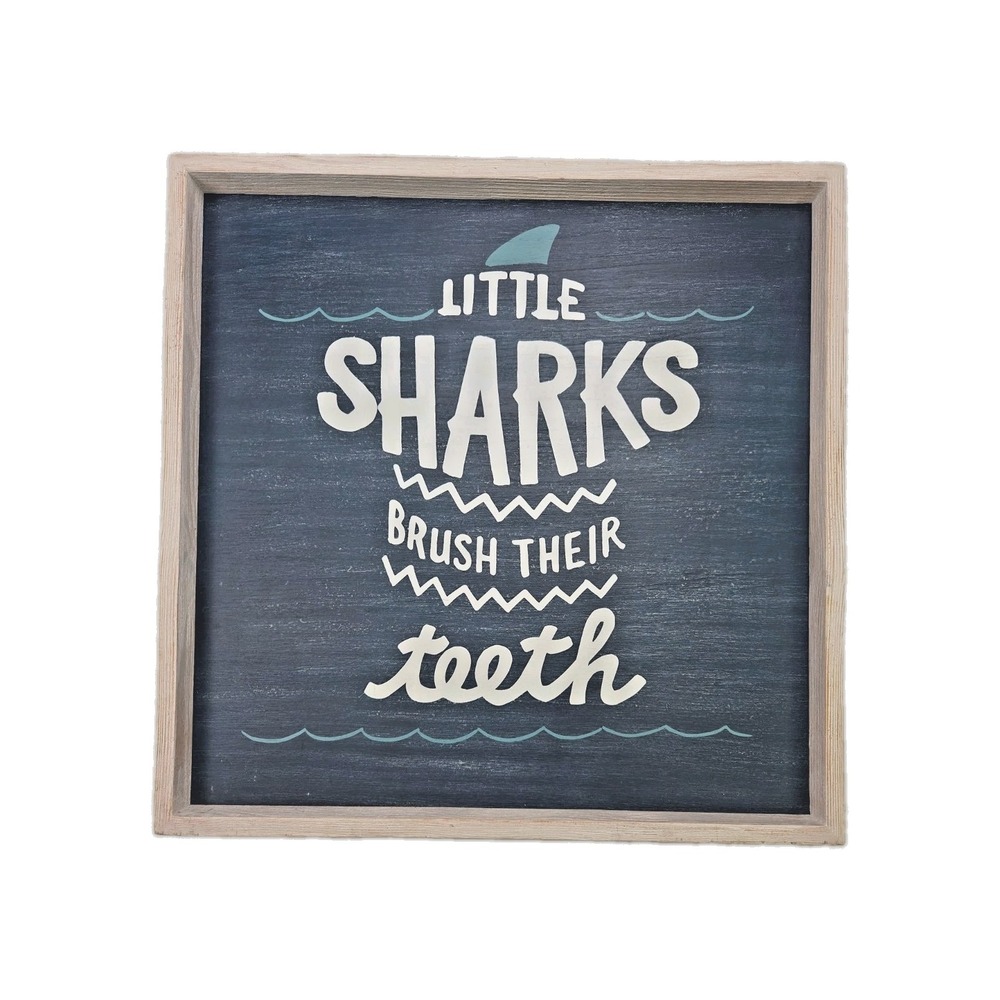 Pottery Barn Kids "Little Sharks Brush Their Teeth" Wood Wall Bathroom Sign 18"